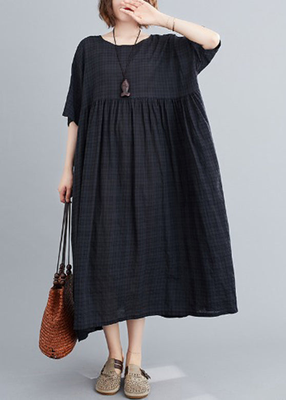 Loose Black O-neck Plaid Patchwork Maxi Dresses Summer