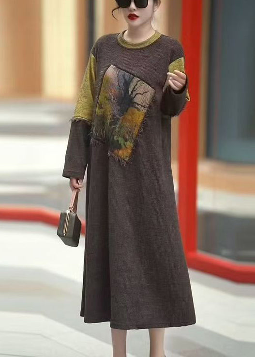 Coffee O-neck Patchwork Knit Dress Winter