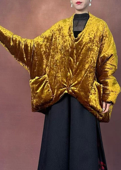 Gold V Neck Pockets Parka Winter