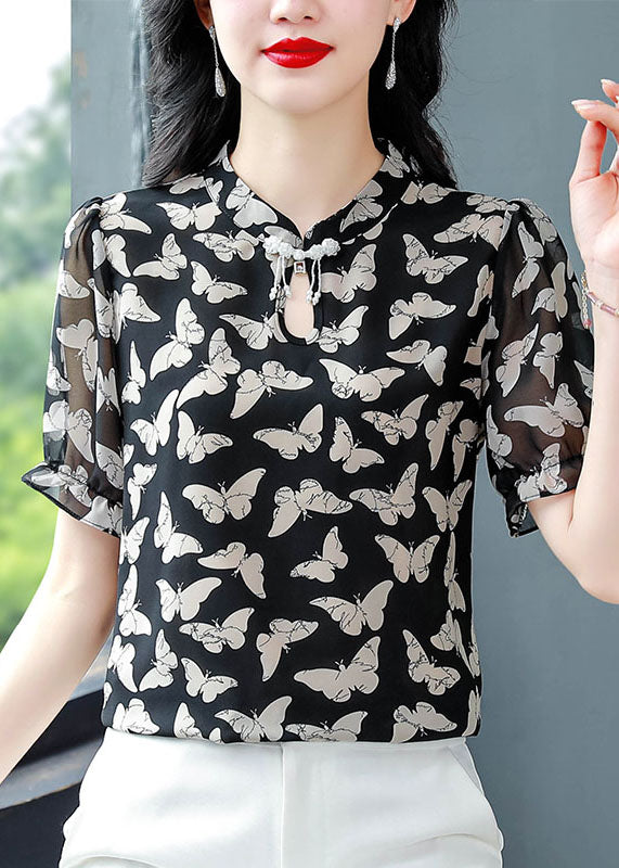 Black Stand Collar Print Chiffon Shirts Summer