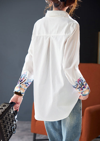 Striped White Peter Pan Collar Embroidered Cotton Blouses Fall