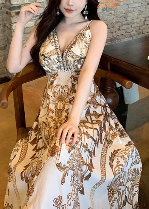 V Neck Print High Waist Spaghetti Strap Dress Sleeveless