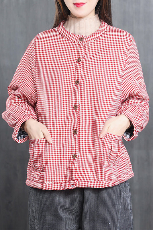 New Plaid Short Coat Cotton Linen Loose Quilted Jacket