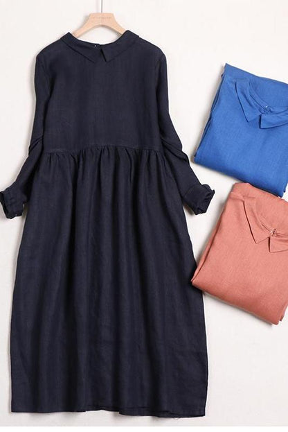 Linen Color Doll Collar Long Sleeves Dress
