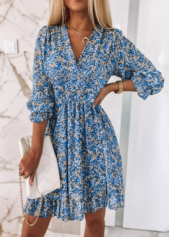 Red V Neck Print Ruffled Chiffon Mid Dresses Summer