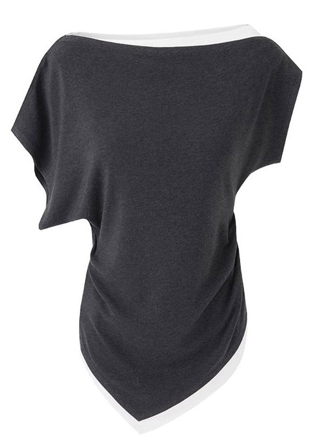 Dark Grey Slash Neck Asymmetrical Top Short Sleeve