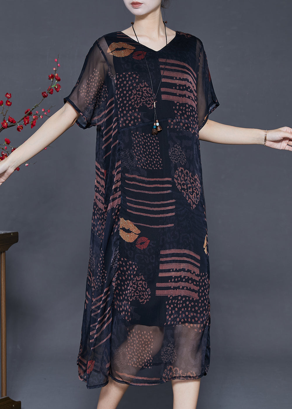 Black Oversized Print Chiffon Long Dress Summer