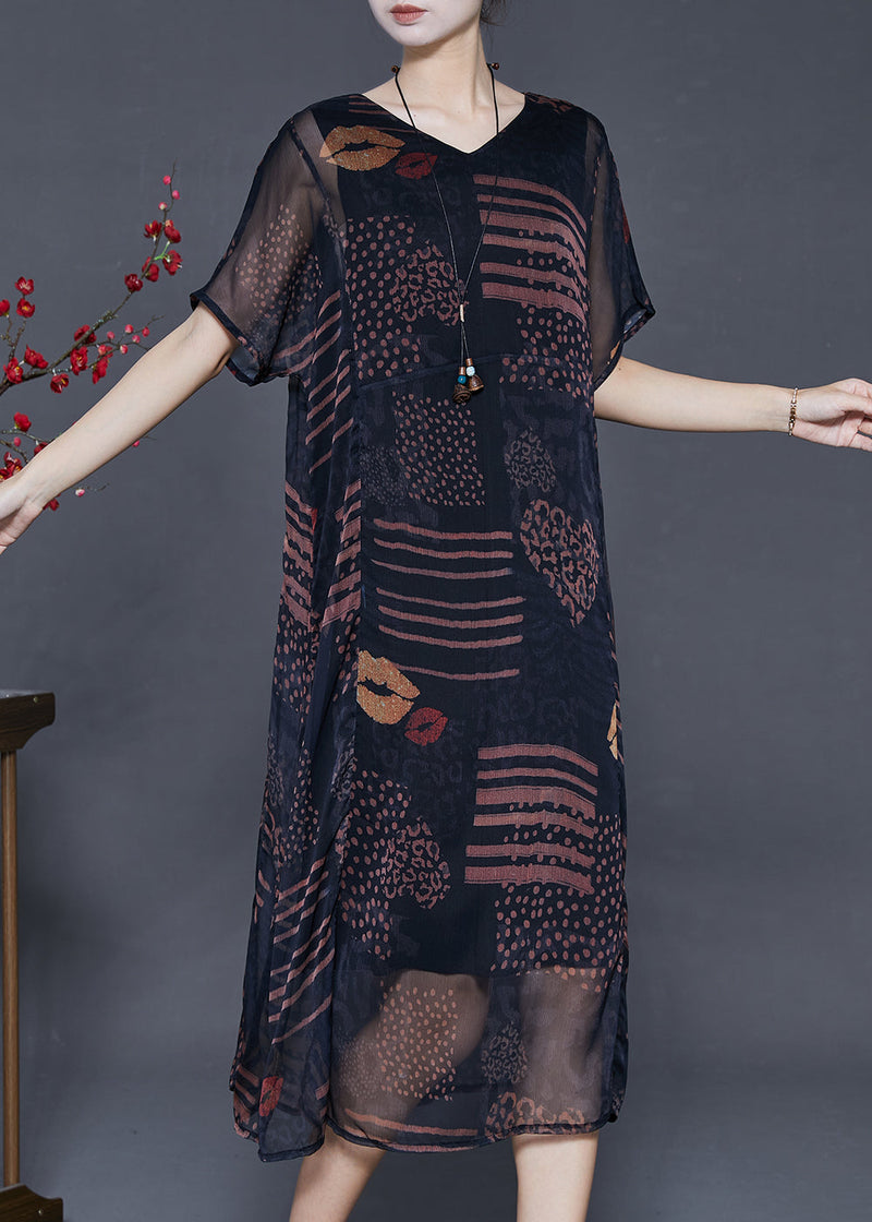 Black Oversized Print Chiffon Long Dress Summer