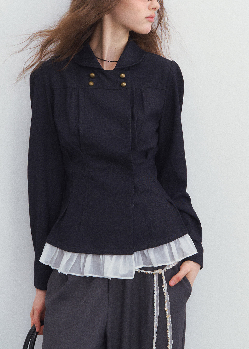 French Peter Pan Collar Patchwork Top Fall