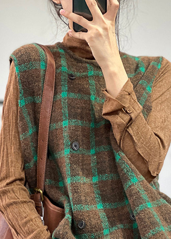 Loose Coffee Green O Neck Plaid Knit Vest Sleeveless