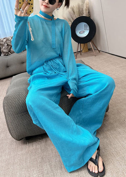 Stylish Blue O-neck Knit Toop and Wide Leg Pants Two Piece Set Fall