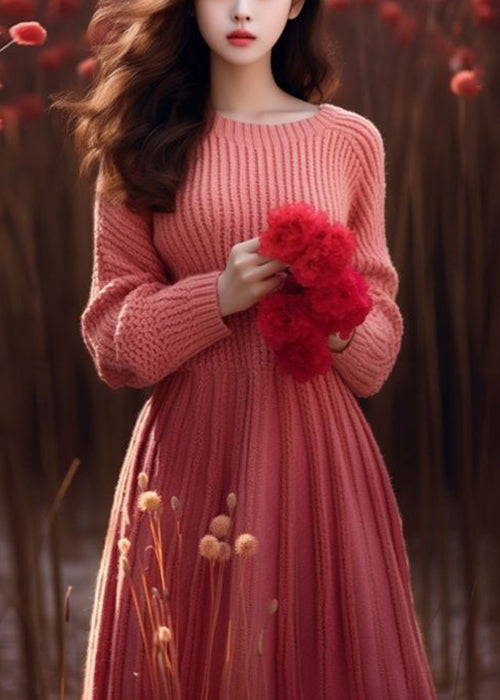 Pink O Neck High Waist Knit Sweater Dress Winter