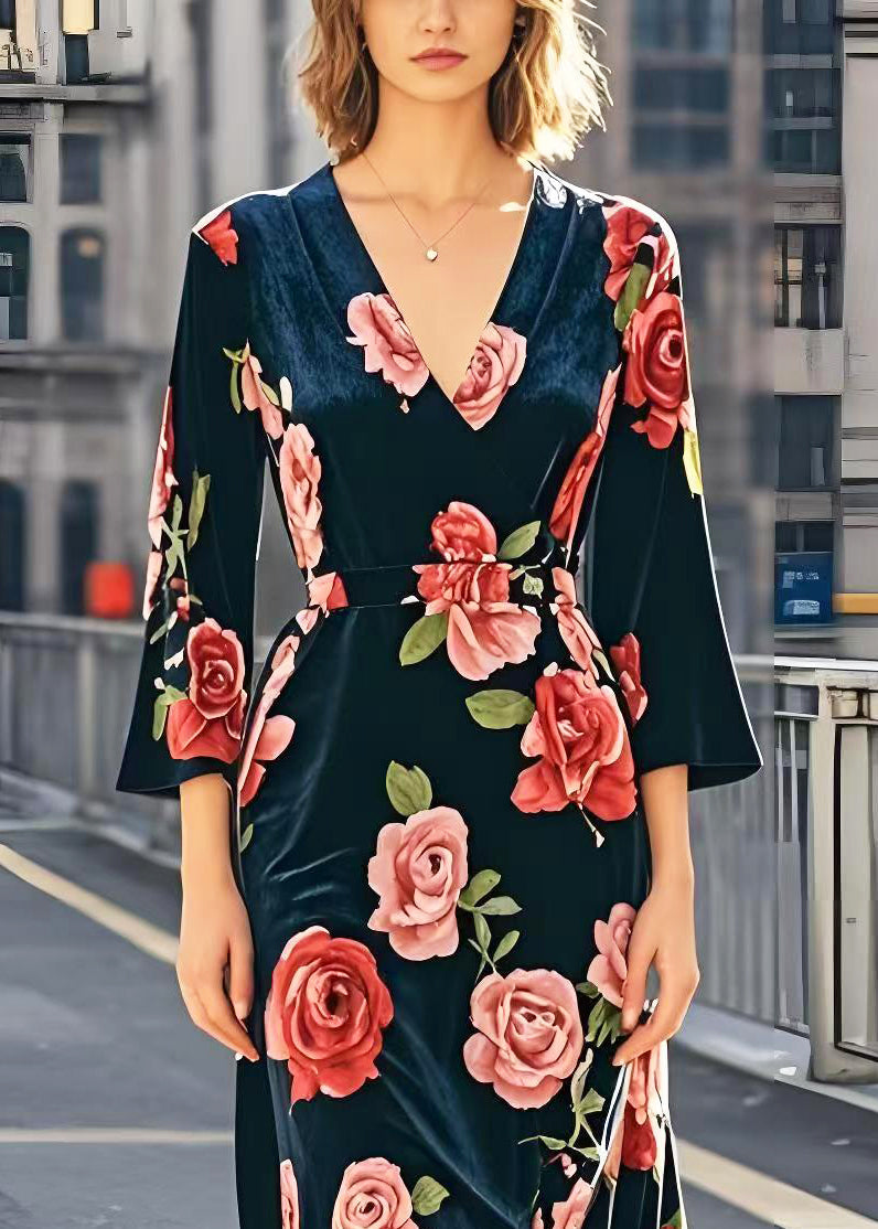 French Cinched Silk Velvet Robe Dresses Bracelet Sleeve