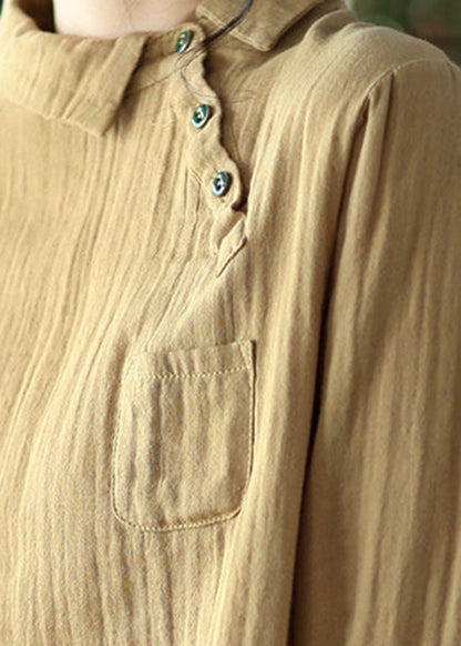 Handmade Khaki Peter Pan Collar Asymmetrical Design Cotton Shirts Long Sleeve