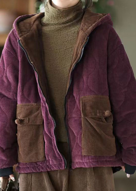 Purple Hooded Pockets Corduroy Fleece Wool Lined Jacket Winter
