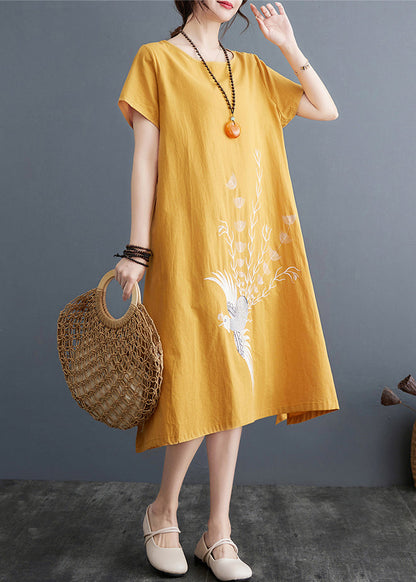 Yellow Embroidered Linen a Line Dress Summer