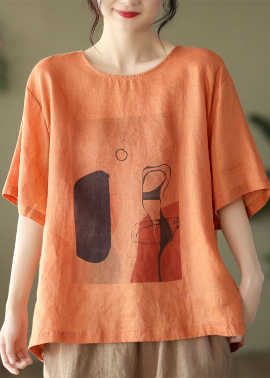 Orange O-neck Patchwork Linen Top Short Sleeve