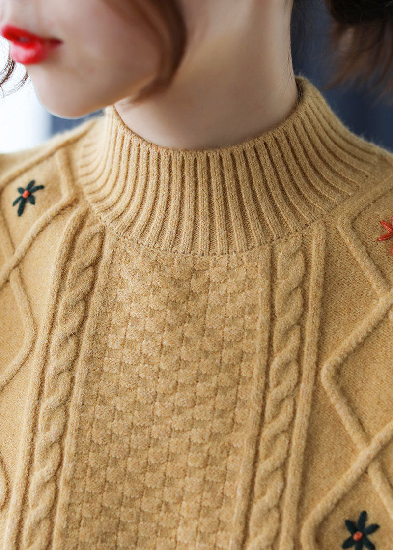 Loose Yellow Embroidered Knit Sweaters Winter