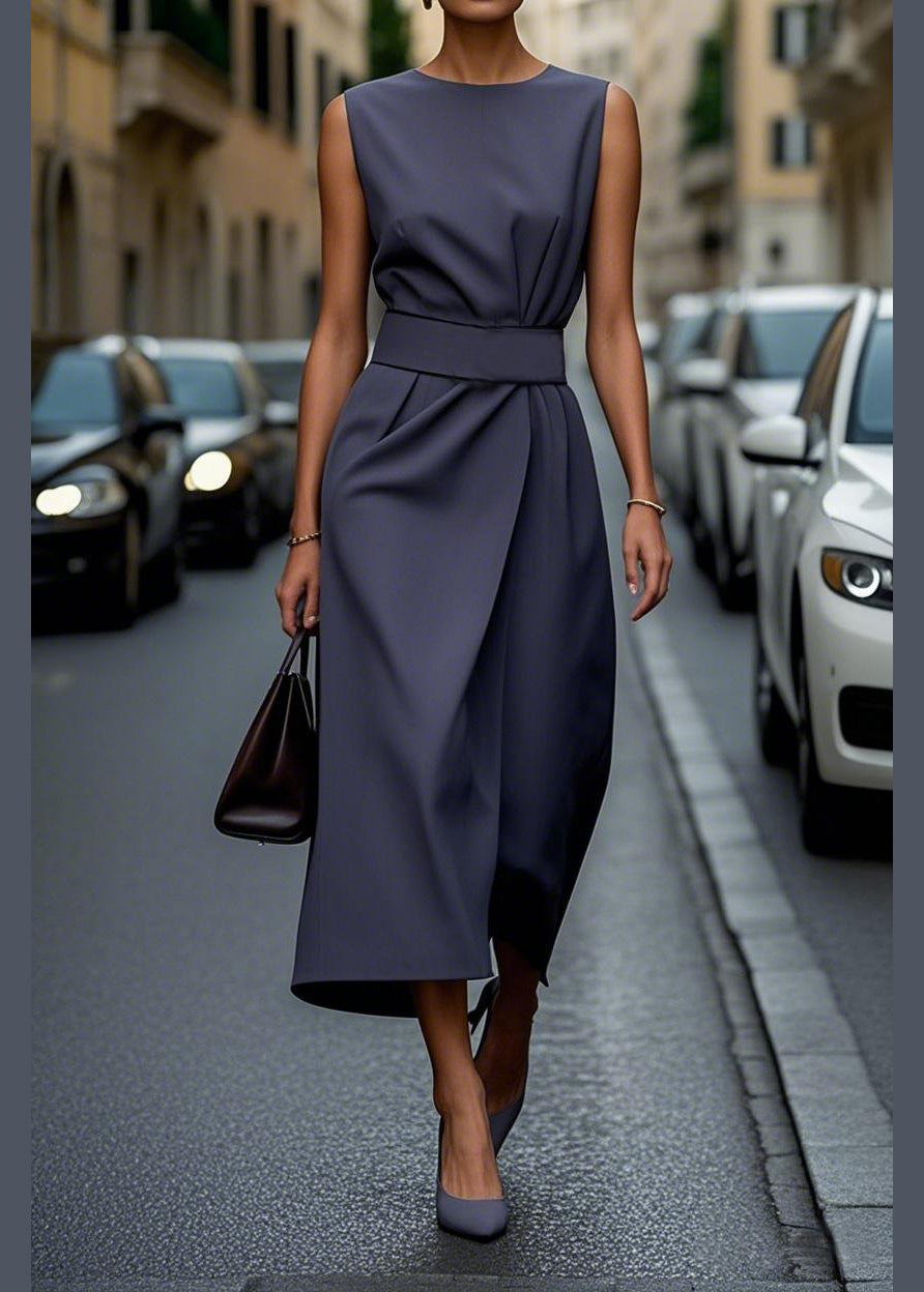 Purple O Neck Tie Waist Cotton Dress Sleeveless