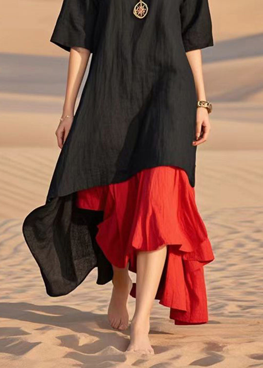 Diy Black Asymmetrical Patchwork Cotton Fake Two Piece Dresses Summer