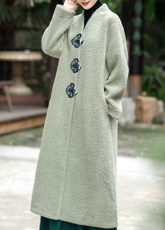Modern Beige V Neck Embroidered Thick Teddy Faux Fur Lengthen Coats Winter