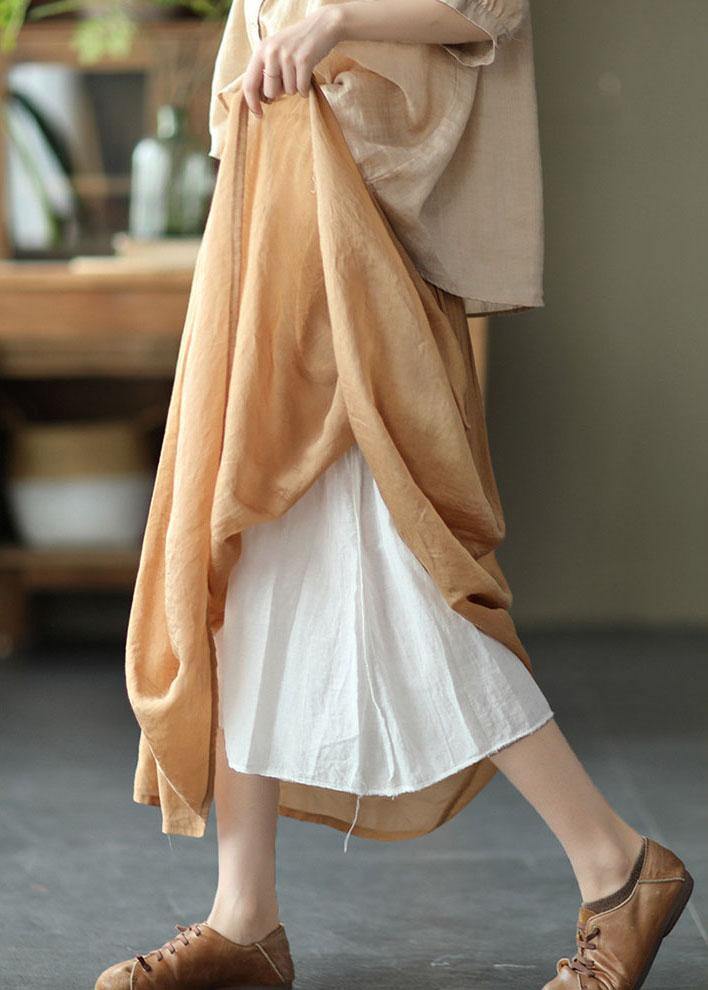 Khaki Retro Circle Summer a Line Linen Skirt