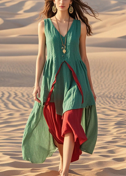 Green Asymmetrical Patchwork Cotton Dress Summer
