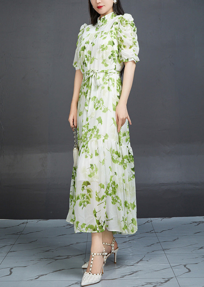 Green Wrinkled Print Tie Waist Chiffon Dress Summer