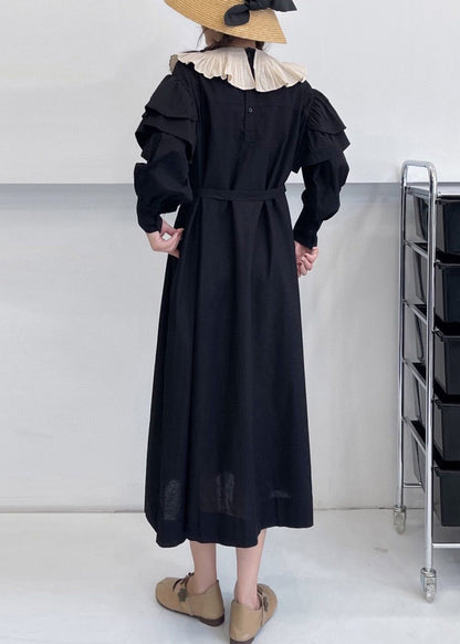 Black Pockets Cotton Dress Ruffled Summer