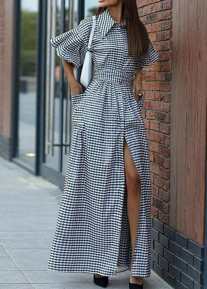 Grey Plaid Tie Waist Long Dresses Summer