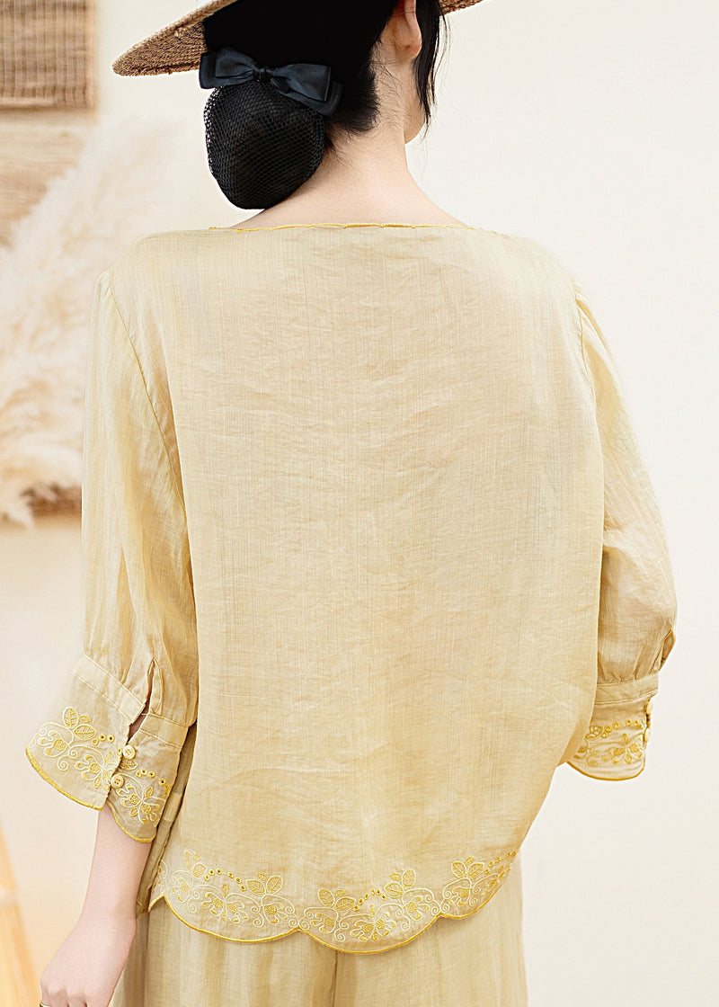 Orange O Neck Embroidered Linen Blouse Tops Summer