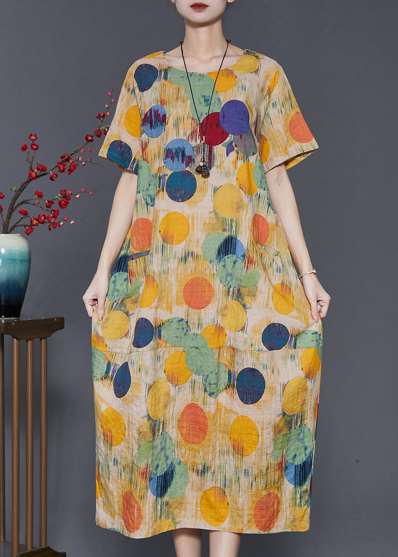 Yellow O-neck Print Cotton Long Dresses Summer