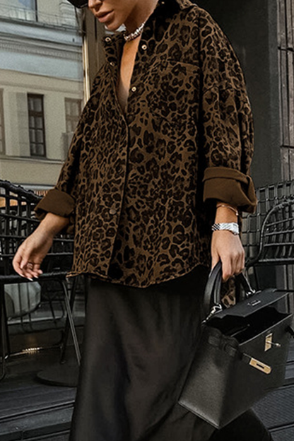 Street Leopard Print Buttons Turndown Collar Tops