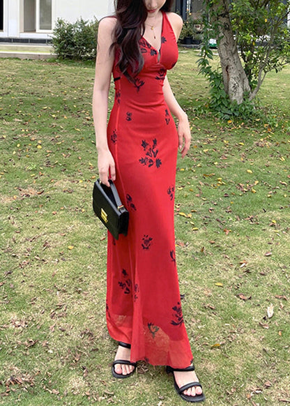New Red V Neck Print Tulle Maxi Dresses Sleeveless
