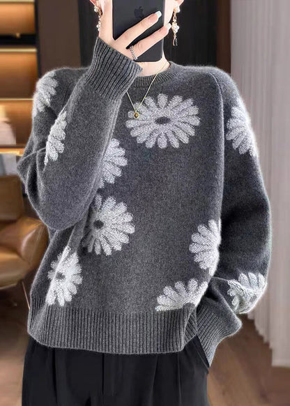 Loose Coffee O-neck Print Wool Knit Sweaters Fall