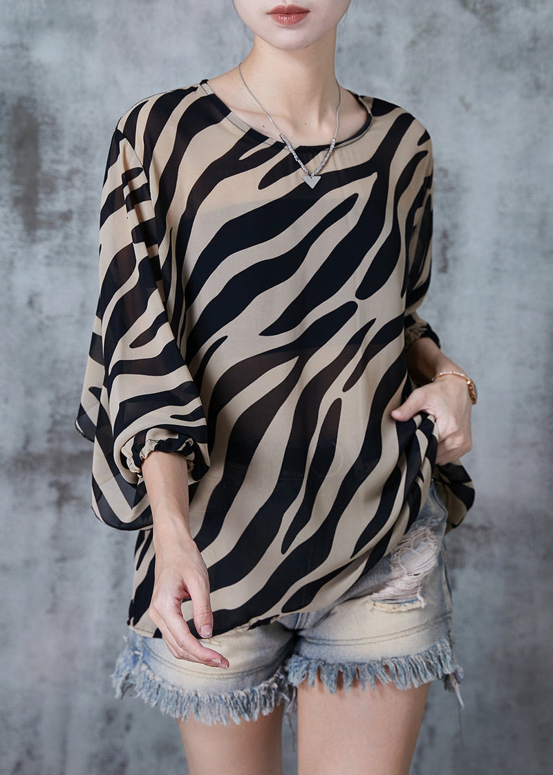 Coffee Ruffles Striped Chiffon Top Spring
