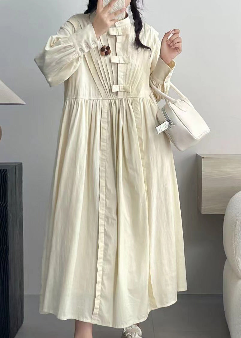 Beige Wrinkled Button Cotton Dresses Long Sleeve