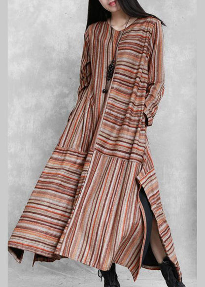 Handmade Khaki Yellow Striped Cotton Linen Quilting Clothes Side Open Cotton Patchwork Dresses