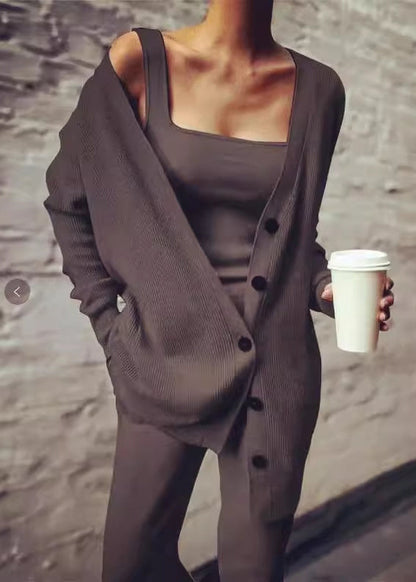 Black V Neck Button Knit Three Pieces Set Fall