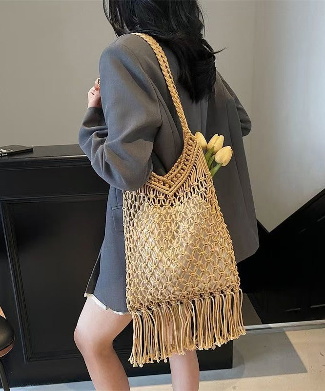 Khaki Tasseled Hollow Out Knit Shoulder Bags