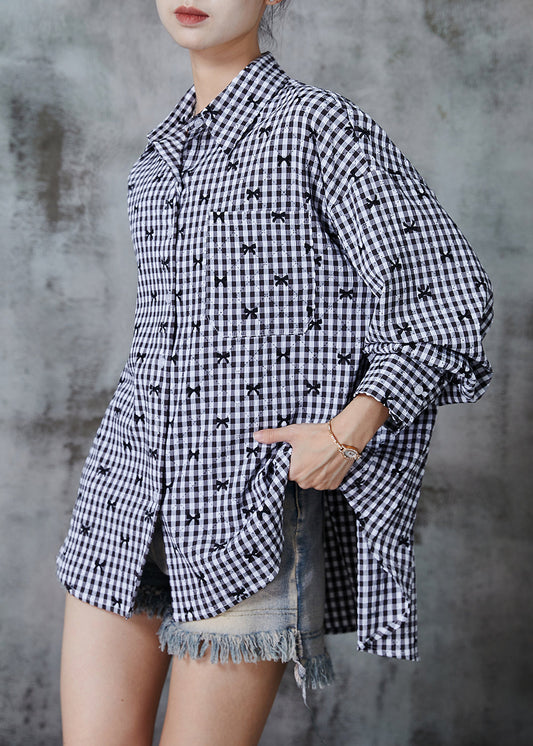 Grey Oversized Plaid Cotton Shirt Top Fall