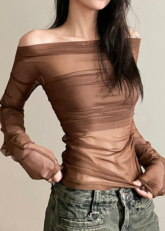Brown Tulle Hollow One Line Neck Long Sleeved T Shirt Top