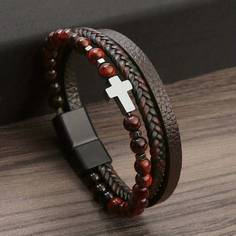 Luxurious Obsidian Cross Stainless Steel Bracelet