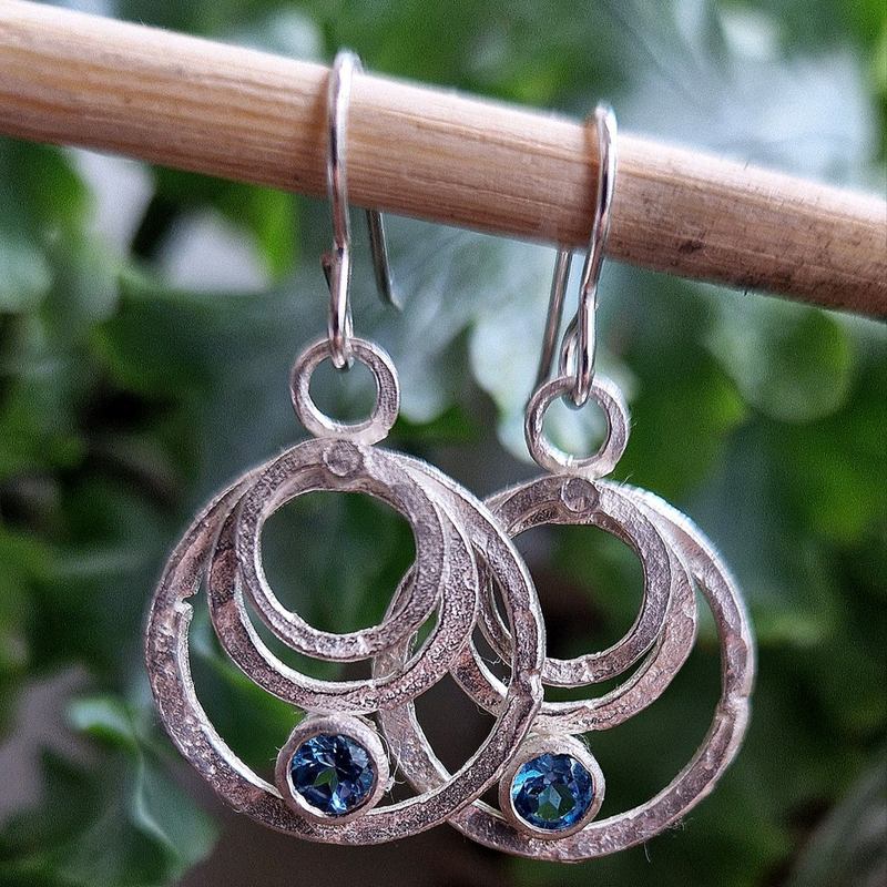 Circle & Blue Crystal Silver Earrings