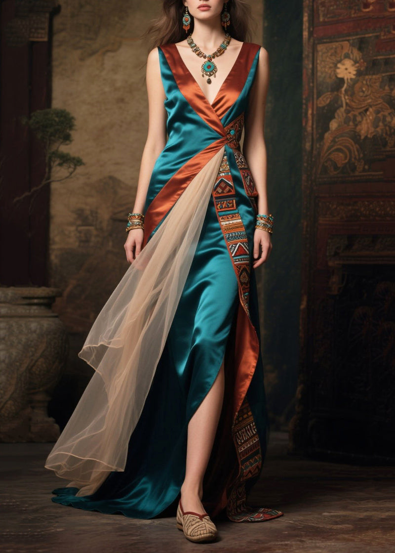 Unique Peacock Green Asymmetrical Patchwork Silk Robe Dresses Summer