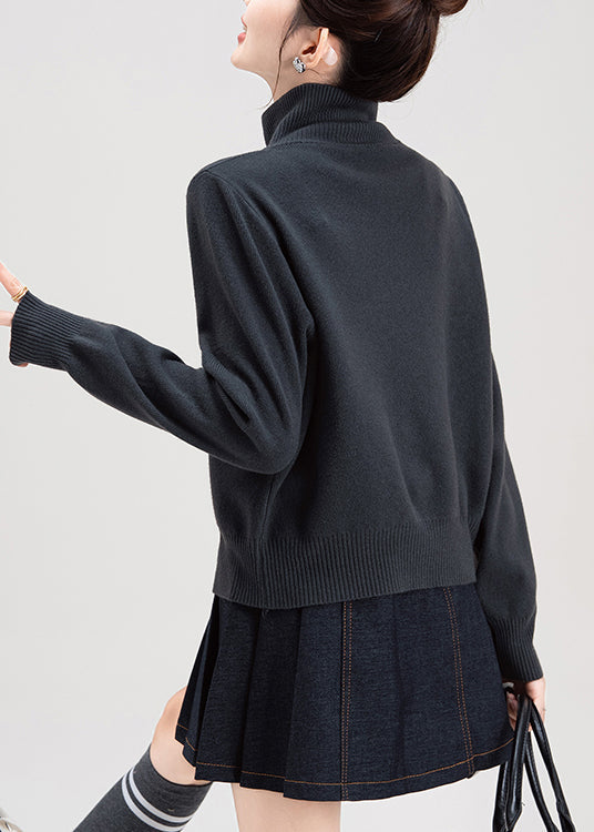 Dark Grey Zip Up High Neck Knit Sweaters Coat Fall