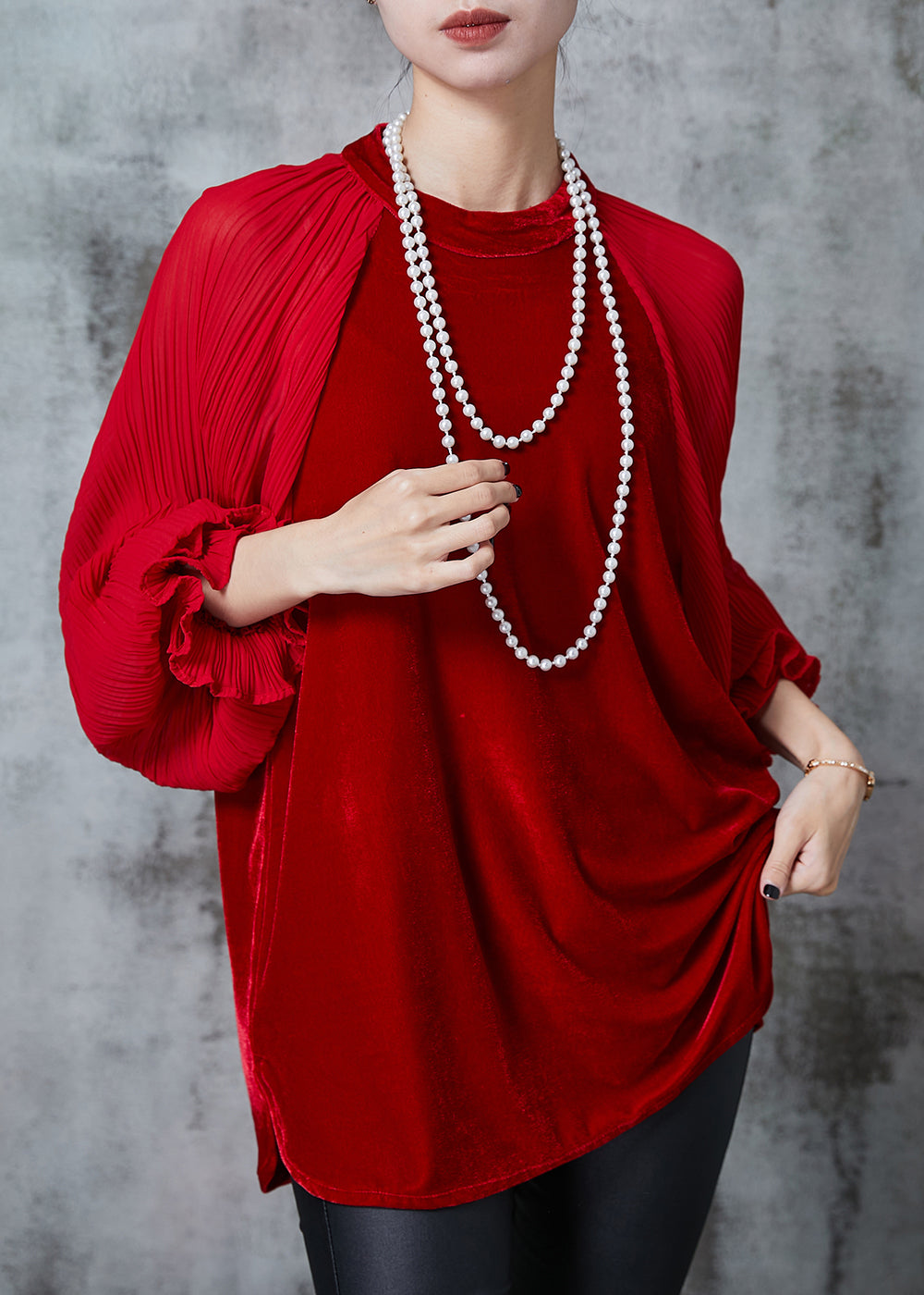 Red Oversized Patchwork Velour Shirt Tops Fall