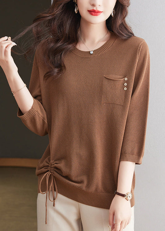 Stylish Camel O Neck Drawstring Ice Silk Top Bracelet Sleeve