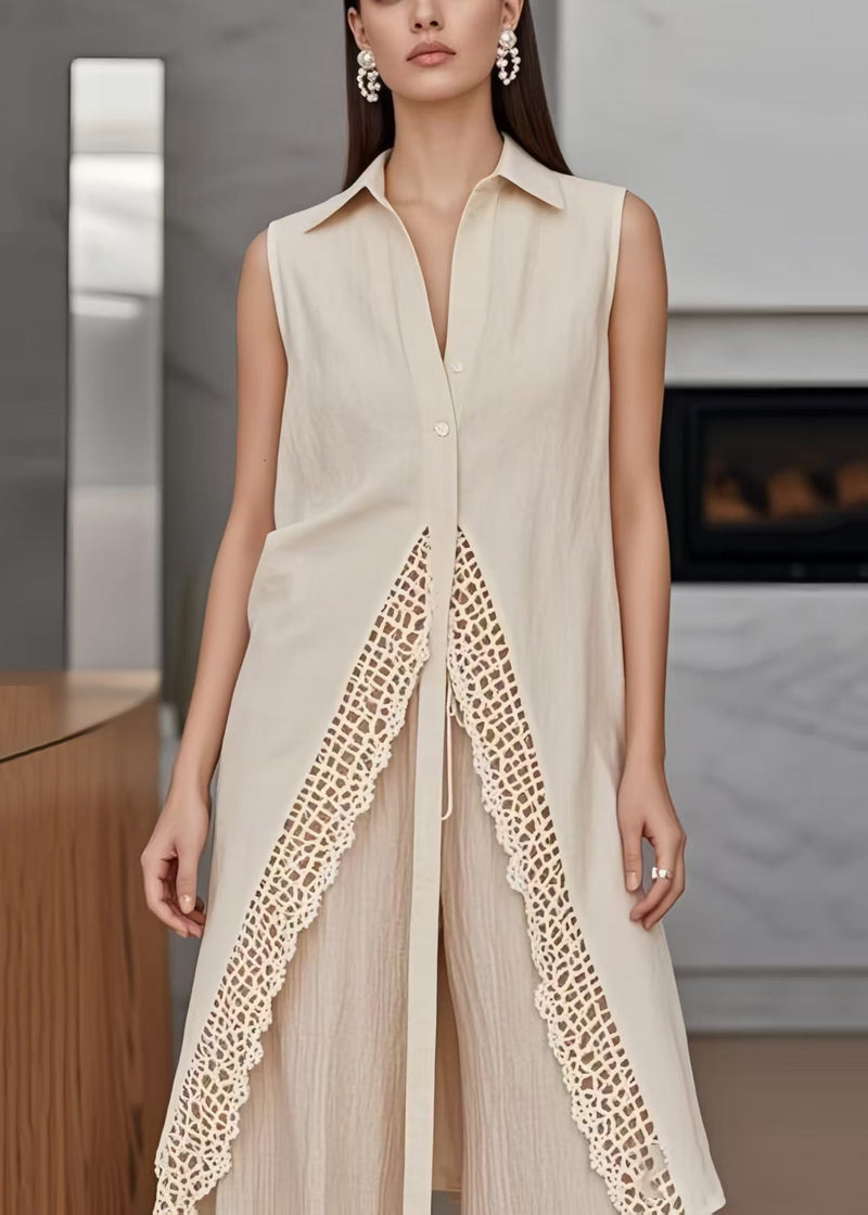 Apricot Side Open Patchwork Lace Long Vests Sleeveless