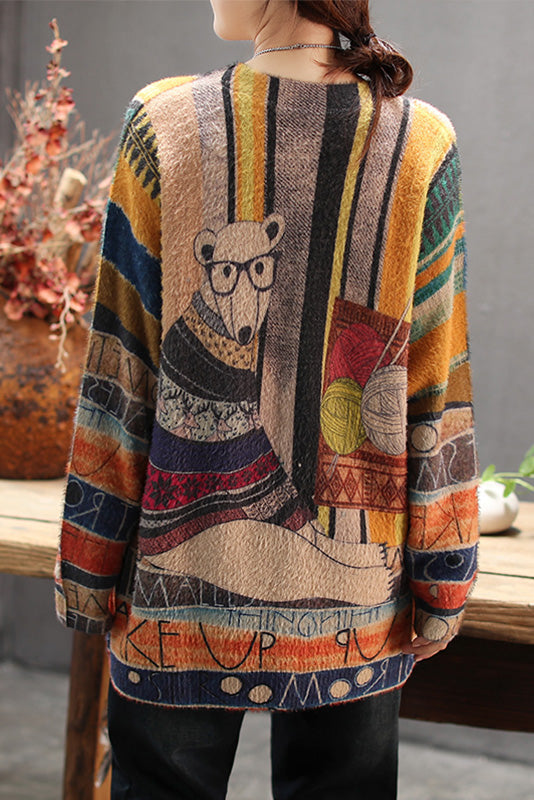 Cartoon Print Long Sleeve Sweater Crew Neck Top